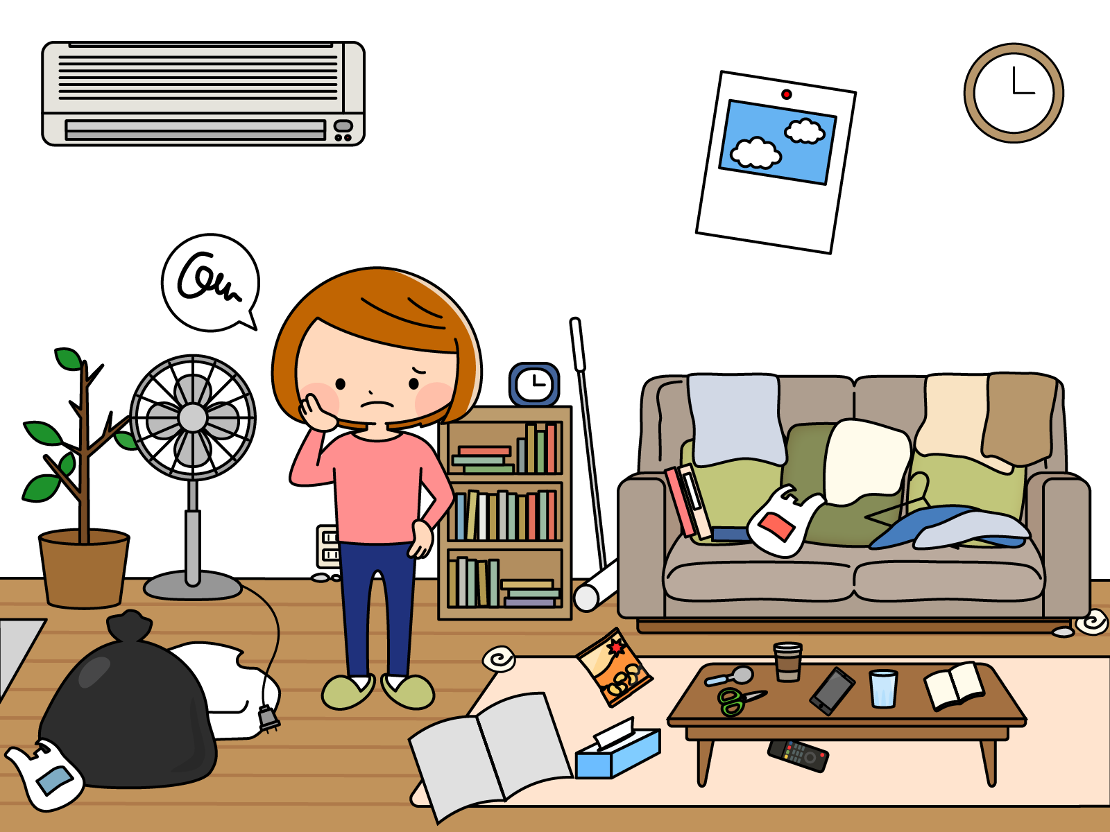 腸活チェック：腸内ゴミ屋敷級（環境悪化）の状態を表現した汚部屋のイラスト